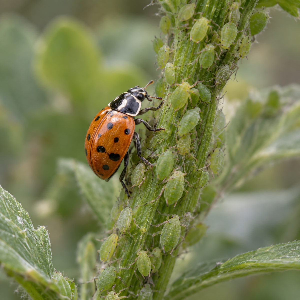 Ladybugs from FGMN Nursery used as natural pest treatment, featuring Hippodamia convergens on a white background.