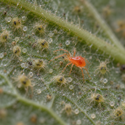 Phytoseiulus persimilis treatment bottles used for pest control on plants, with images of mites and predatory mites on leaves.