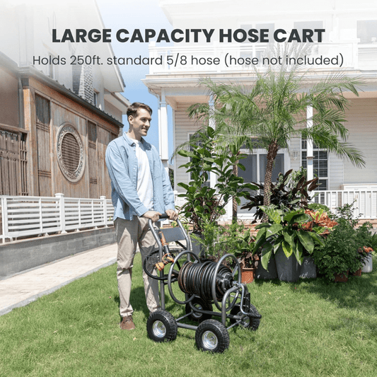 Giraffe Tools US heavy-duty manual crank garden hose reel cart with four wheels, ideal for easy garden hose storage and transport.