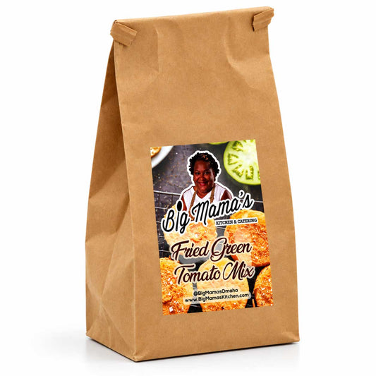Fried green tomato mix by Big Mama's Kitchen & Catering, 1.3 lb, featuring fresh green tomatoes for cooking or frying.