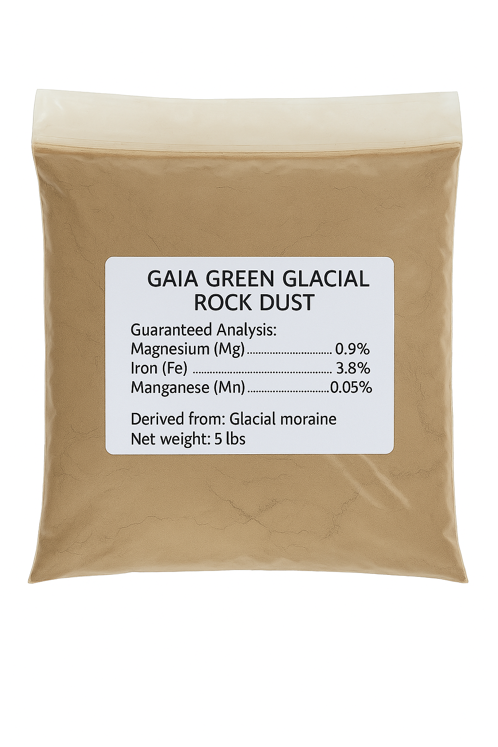 Grow Organic Gaia Green Glacial Rock Dust fertilizer in a 5 lb bag, showing the product packaging and label.