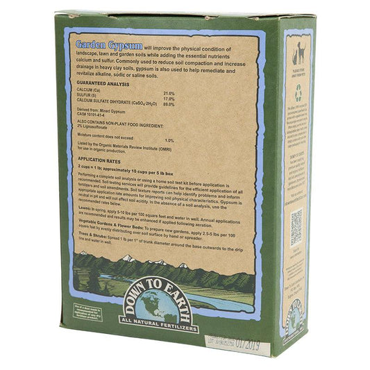 Grow Organic Garden Gypsum Prilled fertilizer in a 5 lb box, used to improve soil structure and promote healthy plant growth.