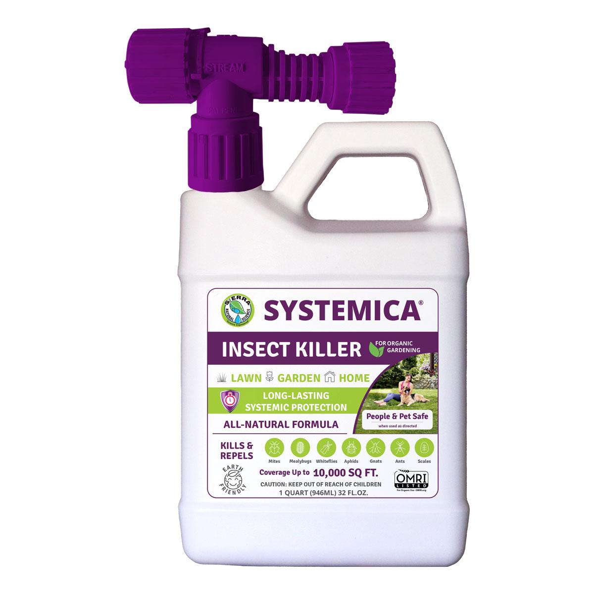 Grow Organic Systemica Insect Killer Hose End Spray, 32 oz, pest control product with spray nozzle and label on a garden hose attachment.