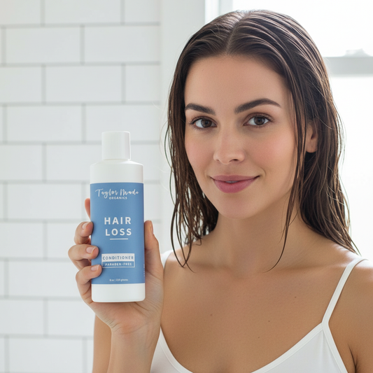 Close-up of 8oz Taylor Made Organics Hair Loss Organic Conditioner with silk protein, showcasing its creamy texture and natural ingredients.