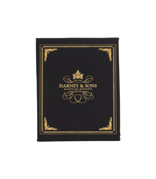 Harney & Sons Harney Heritage herbal and decaf tea sampler box with assorted tea bags in black packaging.