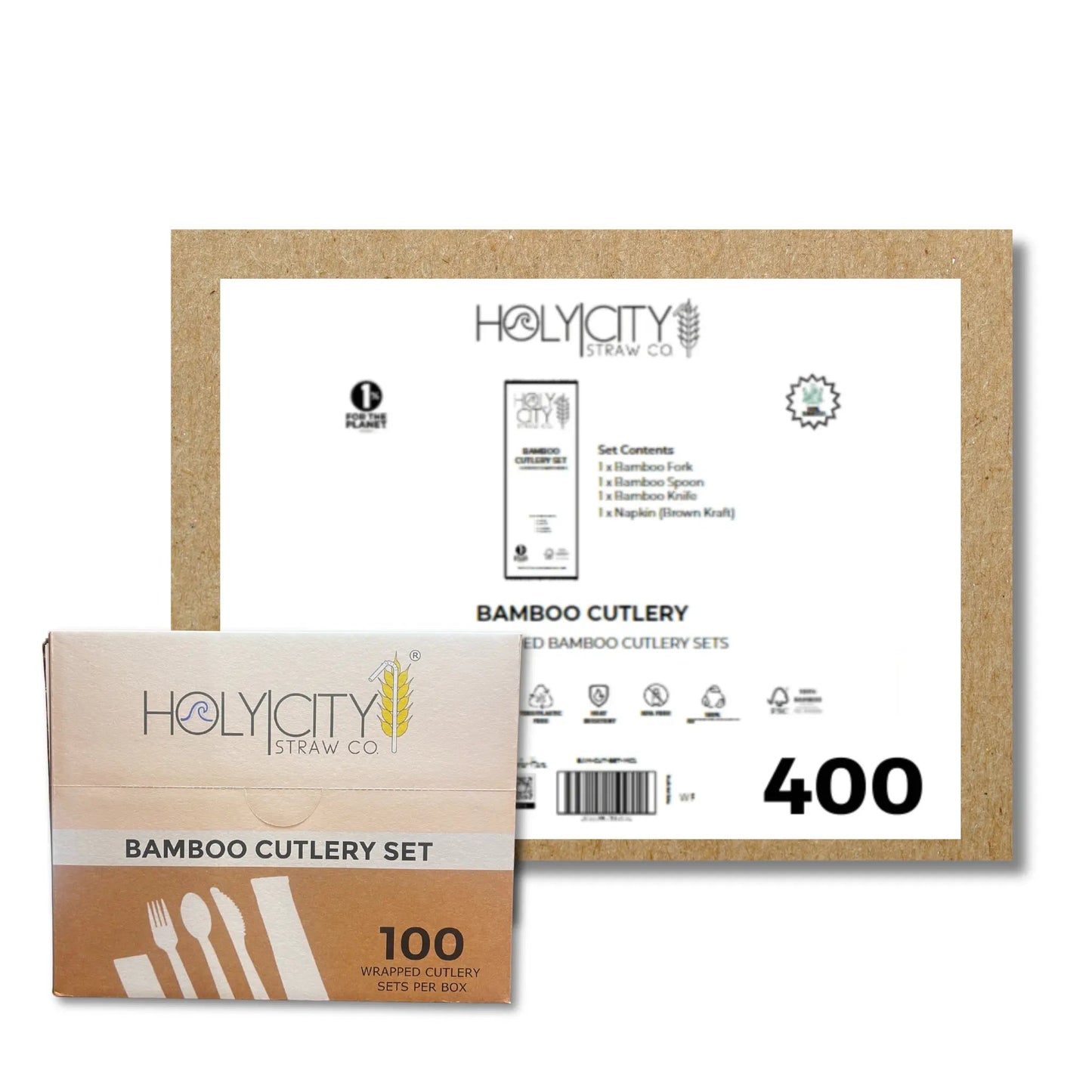 Six 6.7-inch wrapped bamboo disposable cutlery pieces from Holy City Straw Company arranged in a set.