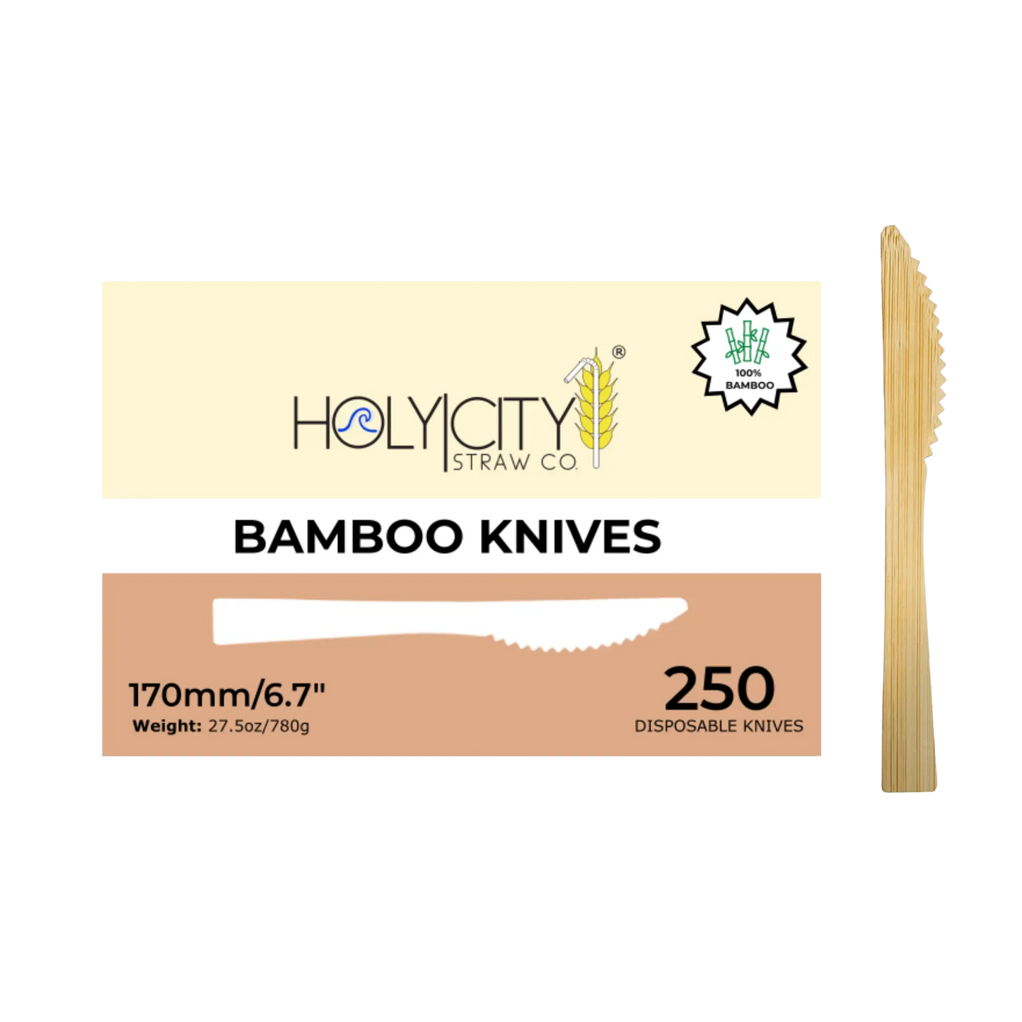 Six 6.7-inch bamboo knives from Holy City Straw Company, disposable cutlery set for eco-friendly dining.