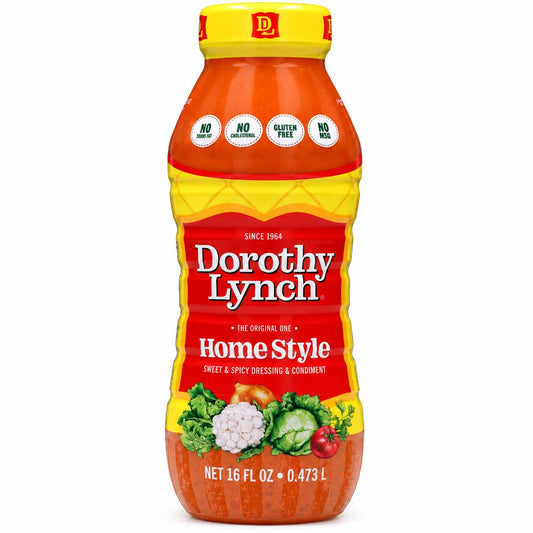 Dorothy Lynch Salad Dressing bottles, 16 oz Homestyle and Light & Lean varieties, gluten-free, in a food bundle.