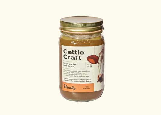Three packs of Its Actually Co. Reviving Halal Beef Bone Broth bottles, showcasing clear broth and packaging.