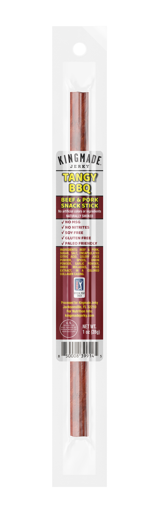 Kingmade Jerky Tangy BBQ Flavor Snack Sticks, 20-count, featuring seasoned, flavorful snack sticks in a close-up view