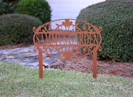 Black 15x15 custom decorative garden sign by Lewis Design Company, outdoor patio and garden art with address details.