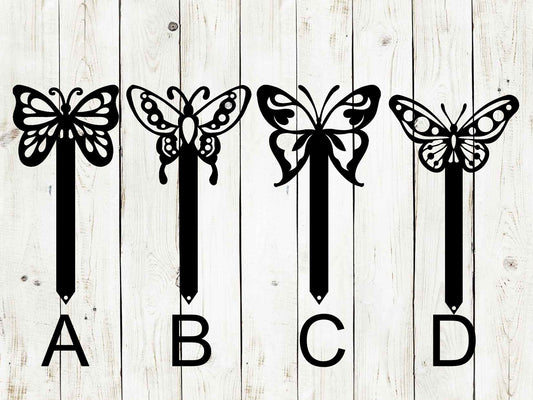 Black butterfly metal yard stake by Lewis Design Company, outdoor garden decor for patio and yard accents.