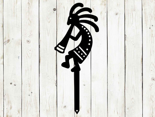 Black Kokopelli metal yard stake by Lewis Design Company, outdoor garden decor and wall art for patio and yard.