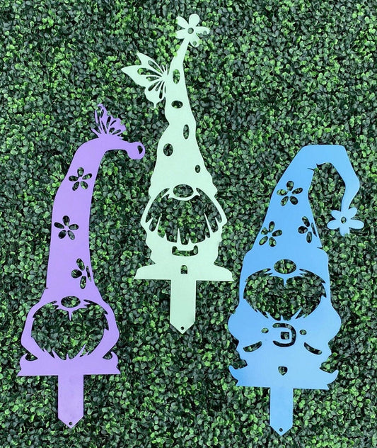 Black metal garden gnome stakes and signs by Lewis Design Company, outdoor patio and garden art, decorative gnome garden accents.
