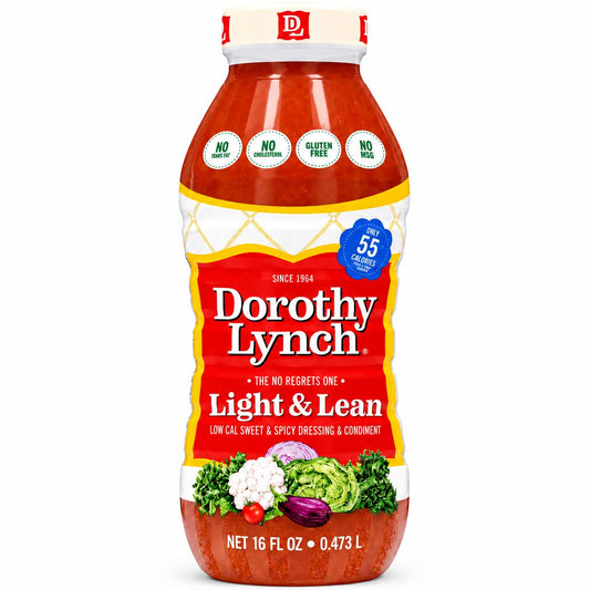 Two 16 oz bottles of Light and Lean Dorothy Lynch Salad Dressing, gluten-free food multipack, with clear label and transparent bottles.