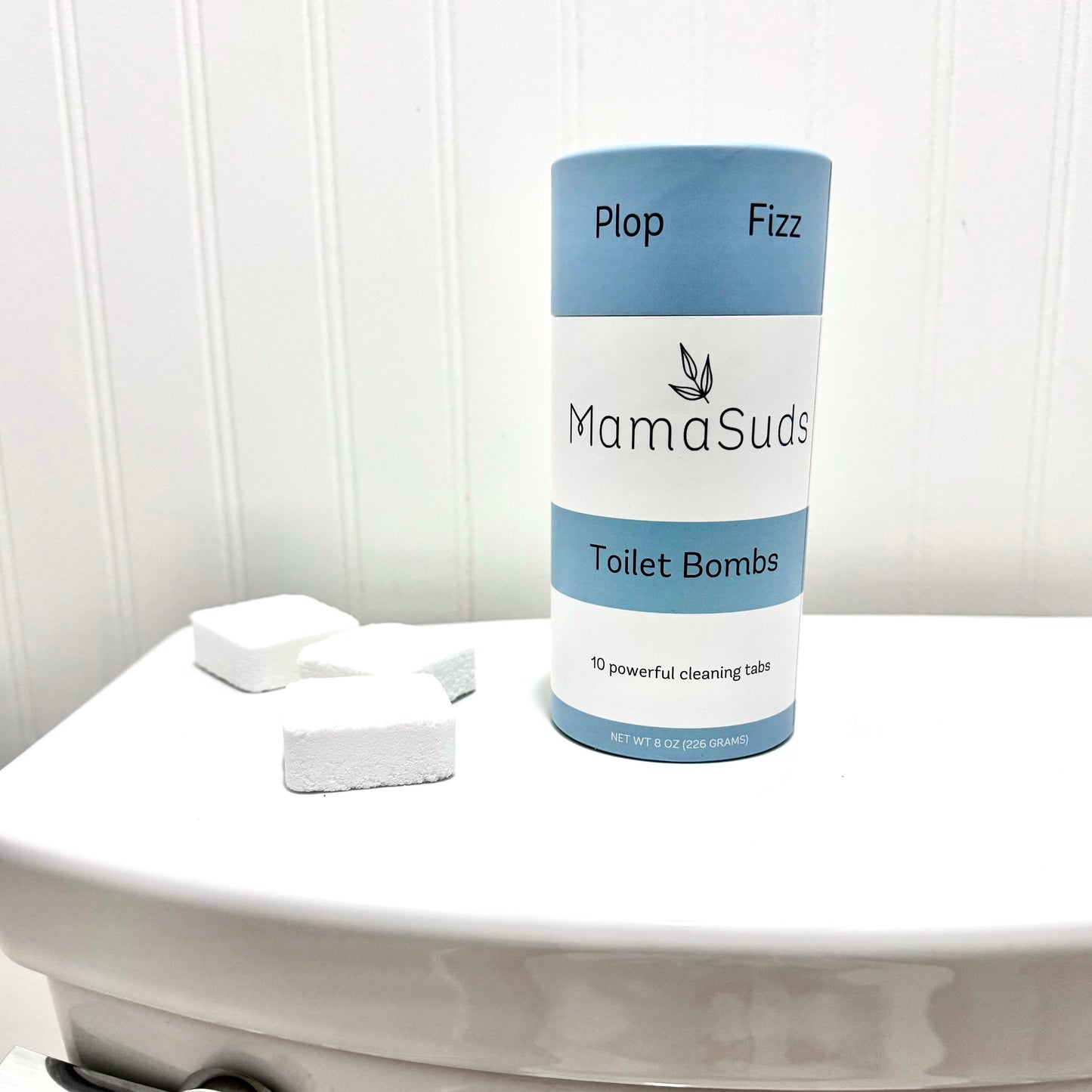 MamaSuds Toilet Bomb cleaning tabs in a tube, non-toxic toilet cleaner for household cleaning, eco-friendly and safe for bathrooms.