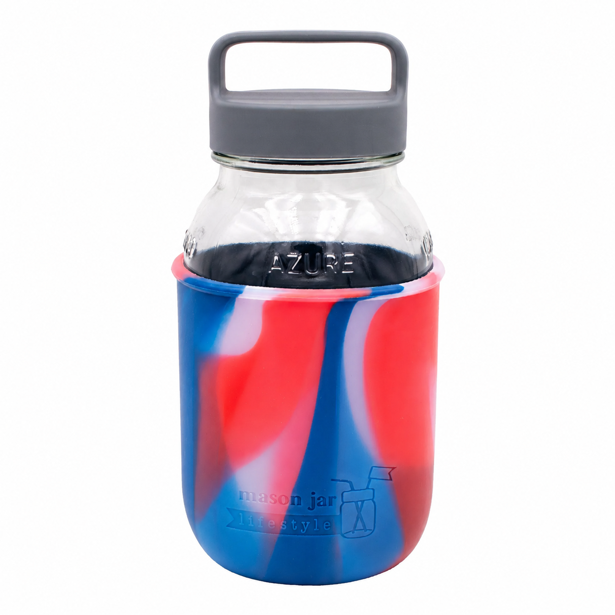 Mason Jar Lifestyle 32oz quart glass water bottle with silicone sleeve, carry handle, and gray canister lid in Americana azure color.