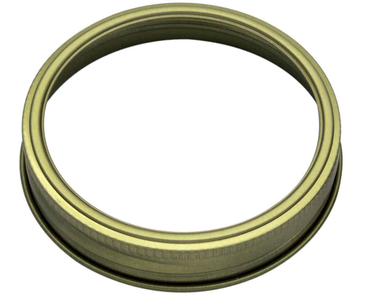 Ten gold metal bands for mason jars, designed for regular-mouth jars, from Mason Jar Lifestyle, shown stacked on jars.