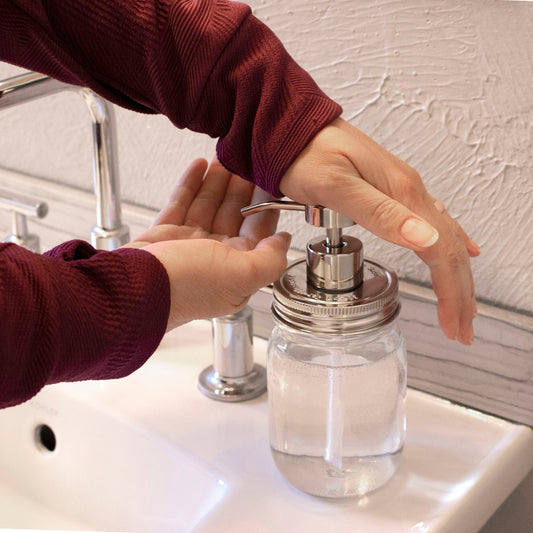 Chrome soap pump dispenser for mason jars, Mason Jar Lifestyle vintage-style mirror finish, fits regular mouth mason jars.