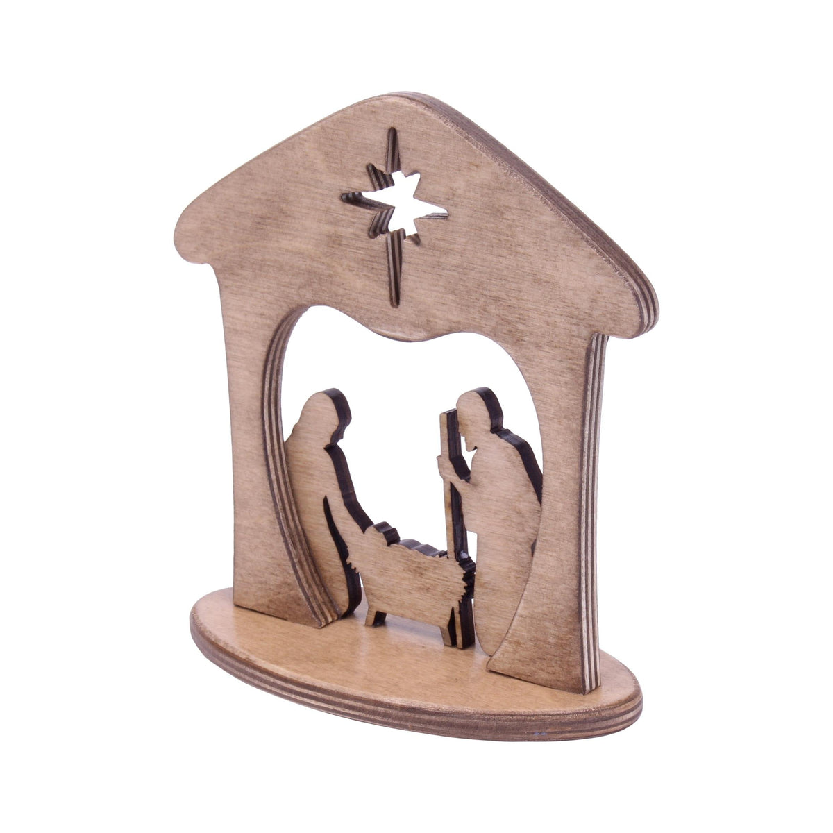 Wooden nativity scene display featuring Mary, Joseph, and baby Jesus for Christmas mantel or shelf decor, handcrafted AmishToyBox.com.
