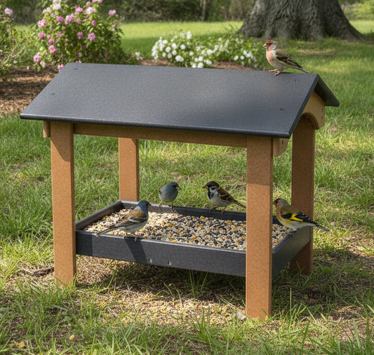 Deluxe ground bird feeder with covered design, screen mesh tray for birds and squirrels, in natural outdoor setting