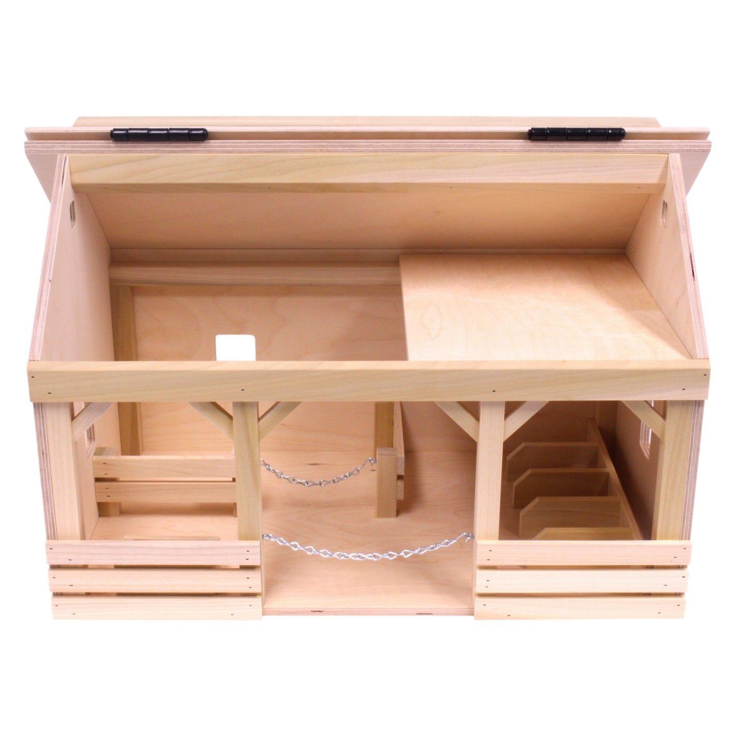 Large wooden A-frame barn toy with hay loft, realistic farm scene, made by AmishToyBox.com for farming and wooden toy play.