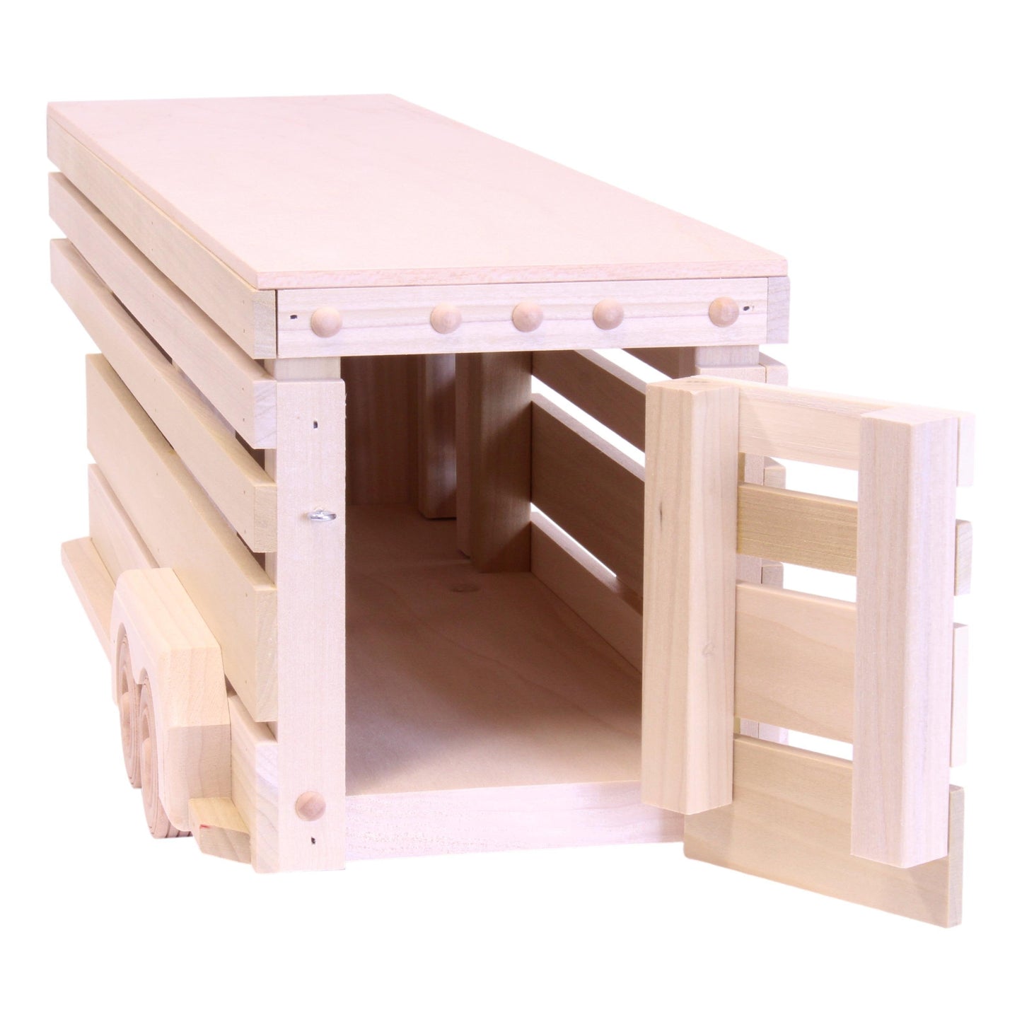 Amish-made wooden toy pickup truck with gooseneck trailer set, farm-themed wooden toy from AmishToyBox.com, detailed and colorful.