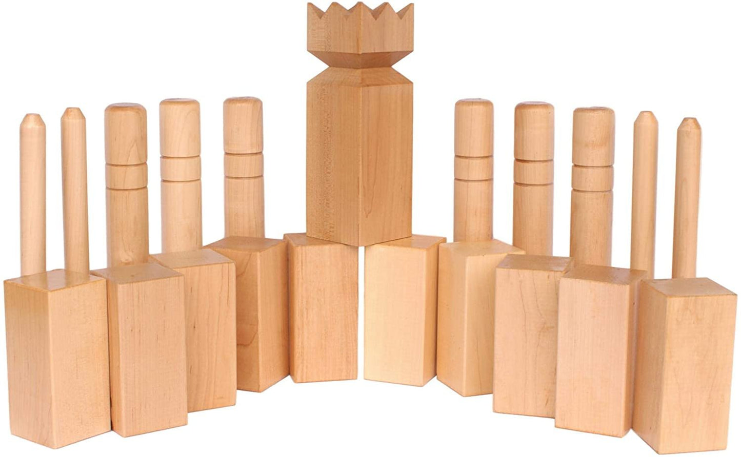 Amish-made deluxe maple hardwood Kubb game with clear protective finish, regulation size for outdoor play.