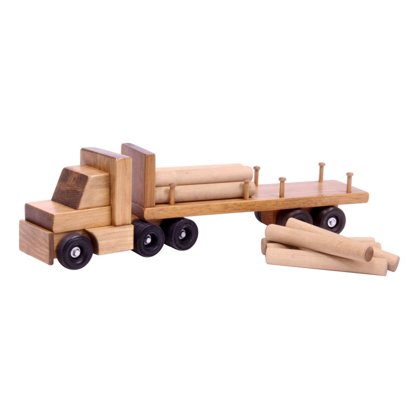 Amish-made wooden log semi truck toy with removable logs, part of AmishToyBox.com's wooden trains and trucks collection.