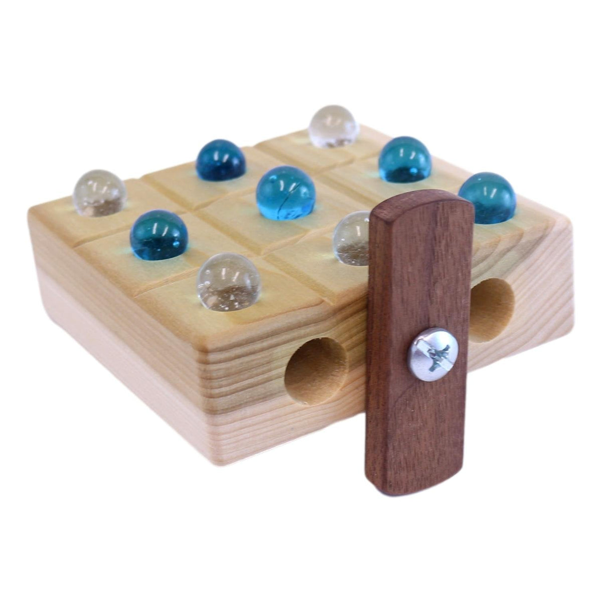 Wooden Tic Tac Toe game with marble storage from AmishToyBox.com, featuring a natural wood finish and colorful marbles.