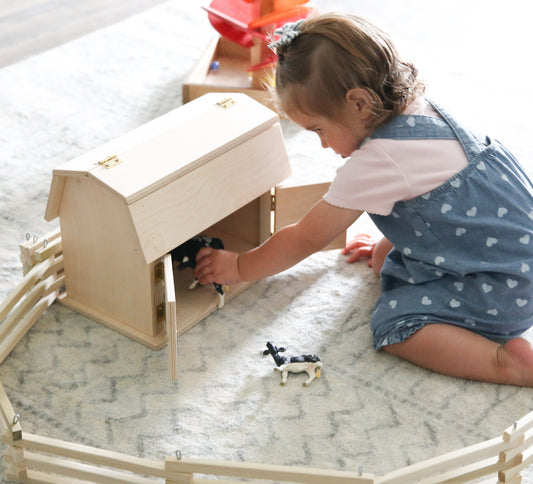 Mini wooden barn toy with a hip roof design, Amish-made wooden toy perfect for children's play and imaginative farm scenes.