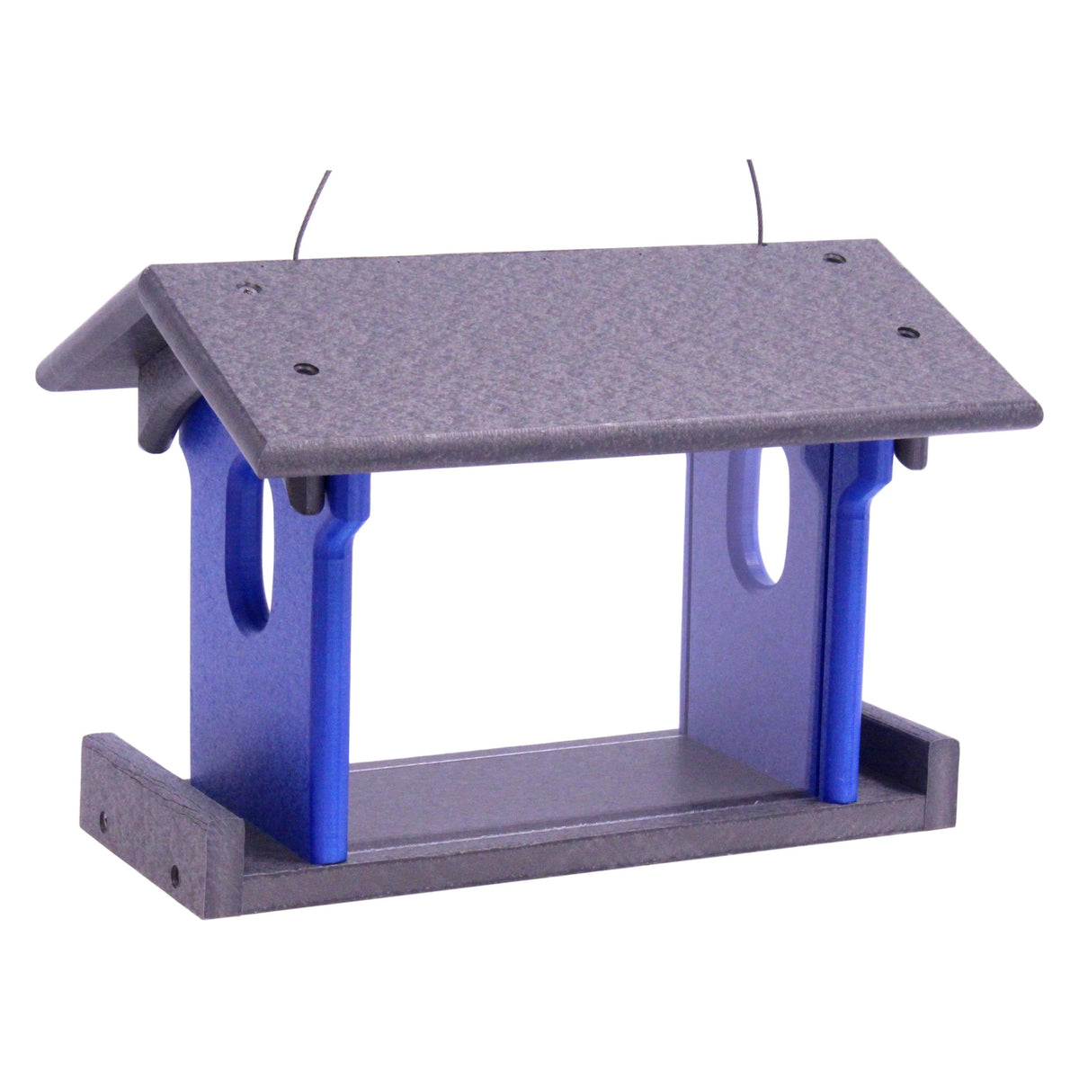 Amish-made bluebird feeder with poly lumber, designed for feeding mealworms, hanging outdoors with bluebirds perched on it.