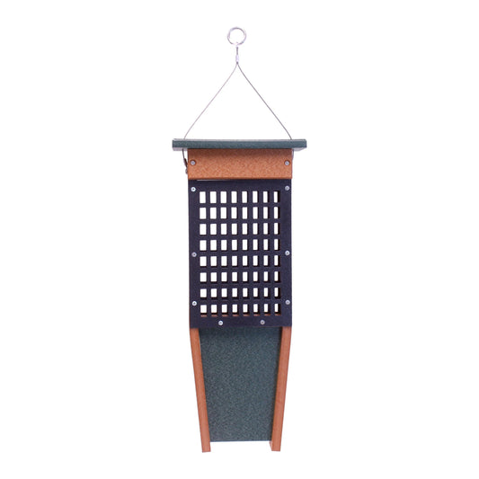 Pileated Woodpecker bird feeder from AmishToyBox.com holding two suet cakes, made of durable wood with a natural finish.