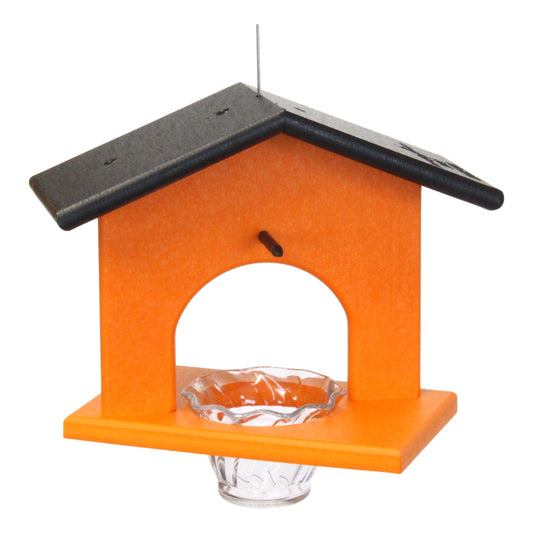 Hanging oriole and orange bird feeder made of eco-friendly poly lumber, with a decorative design for attracting birds.