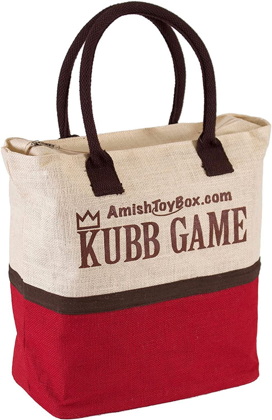 Amish-made deluxe maple hardwood Kubb game set with regulation size and clear protective finish, outdoor lawn game for all ages.