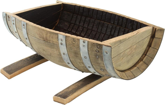 Rustic flower planter made from white oak whiskey barrels with flowers, suitable for indoor or outdoor use.