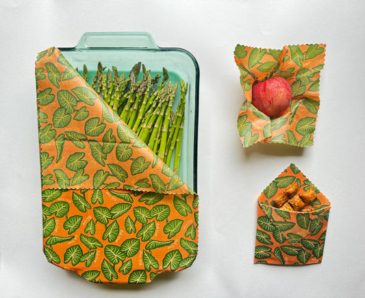 Meli Wraps beeswax roll in Kalo print, natural beeswax wrap bulk roll for food storage, eco-friendly and reusable.