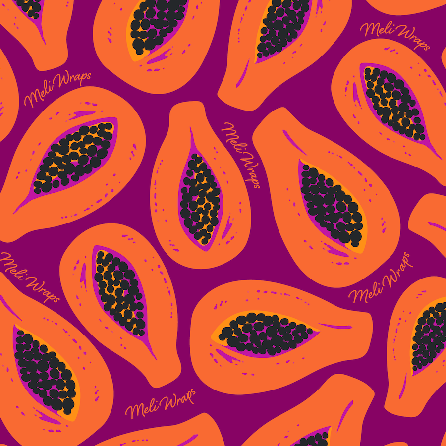 Meli Wraps beeswax food wraps in purple papaya print, set of small, medium, and large reusable beeswax wraps for food storage.
