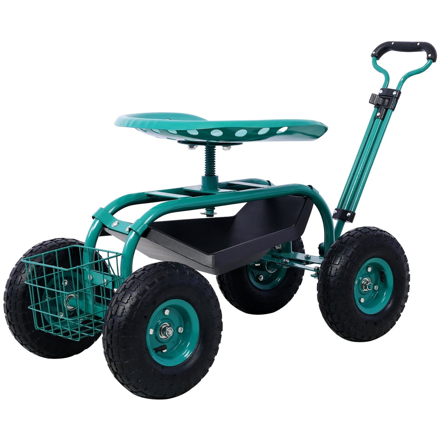 Mercantile Mountain rolling garden scooter cart with wheels, green seat, 360 swivel, tool tray for outdoor gardening and recreation.