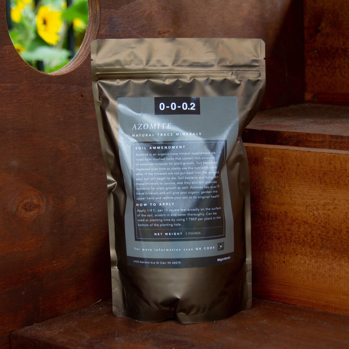 Azomite® rock dust in a 2lb bag from MIgardener, showing the mineral-rich, natural soil amendment for gardening and plant growth.