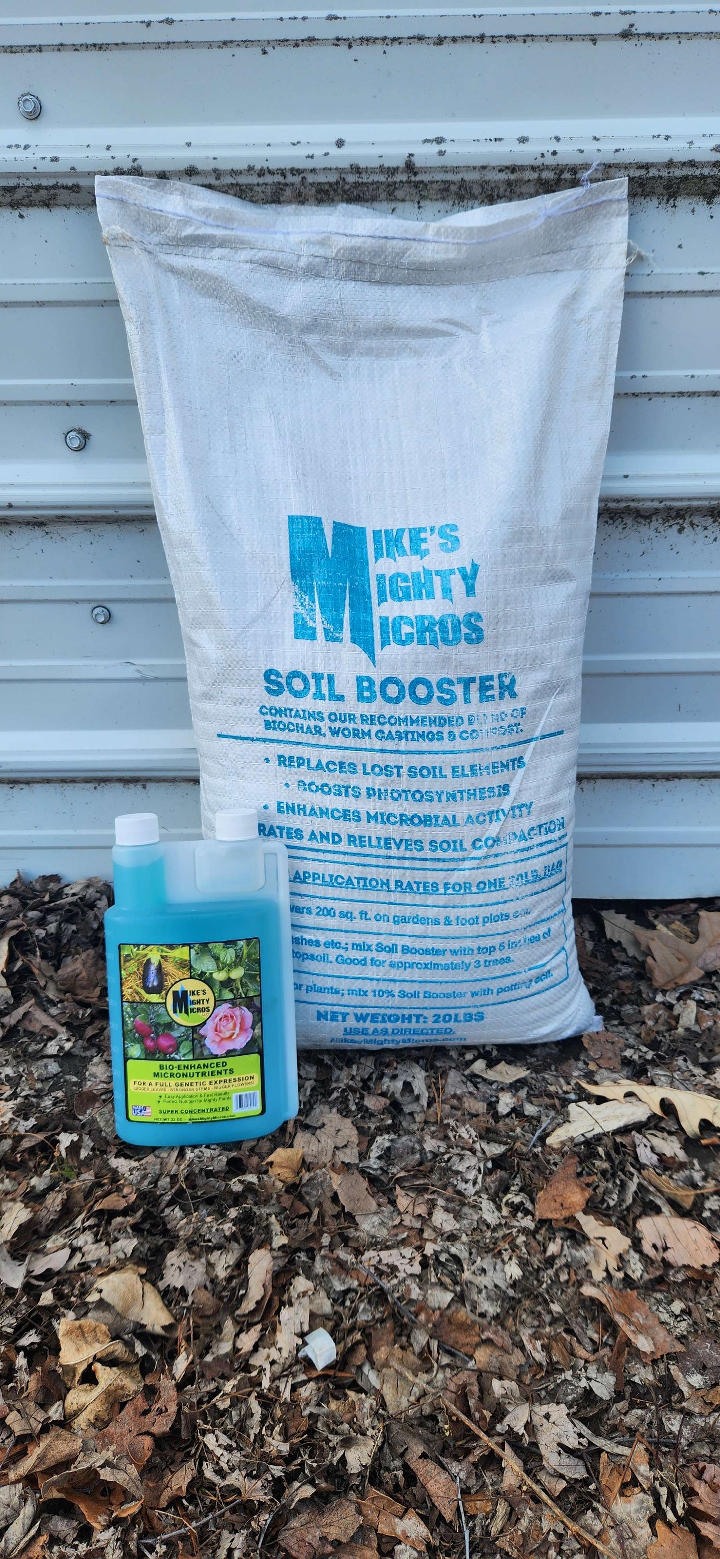 Mikes Mighty Micros Tree & Garden Starter Pack fertilizer for healthy plant growth, featuring a colorful bag of garden fertilizer.