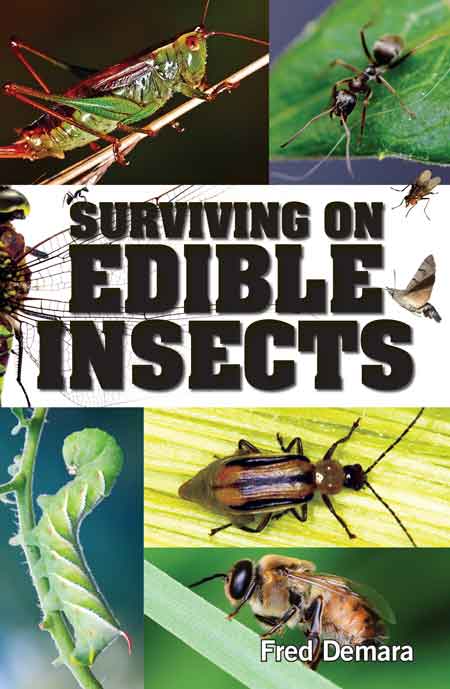 Book cover for "Surviving on Edible Insects" by Mother Earth News, featuring insects and survival tips on a natural background.