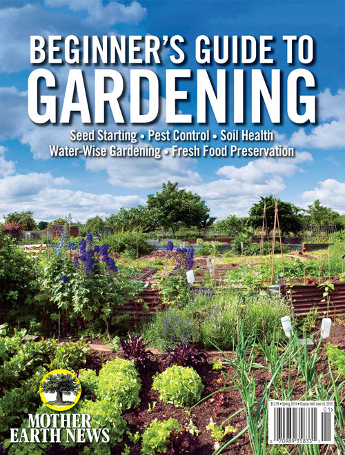 Mother Earth News Beginner's Guide to Gardening magazine, 1st edition, featuring garden illustrations on the cover.