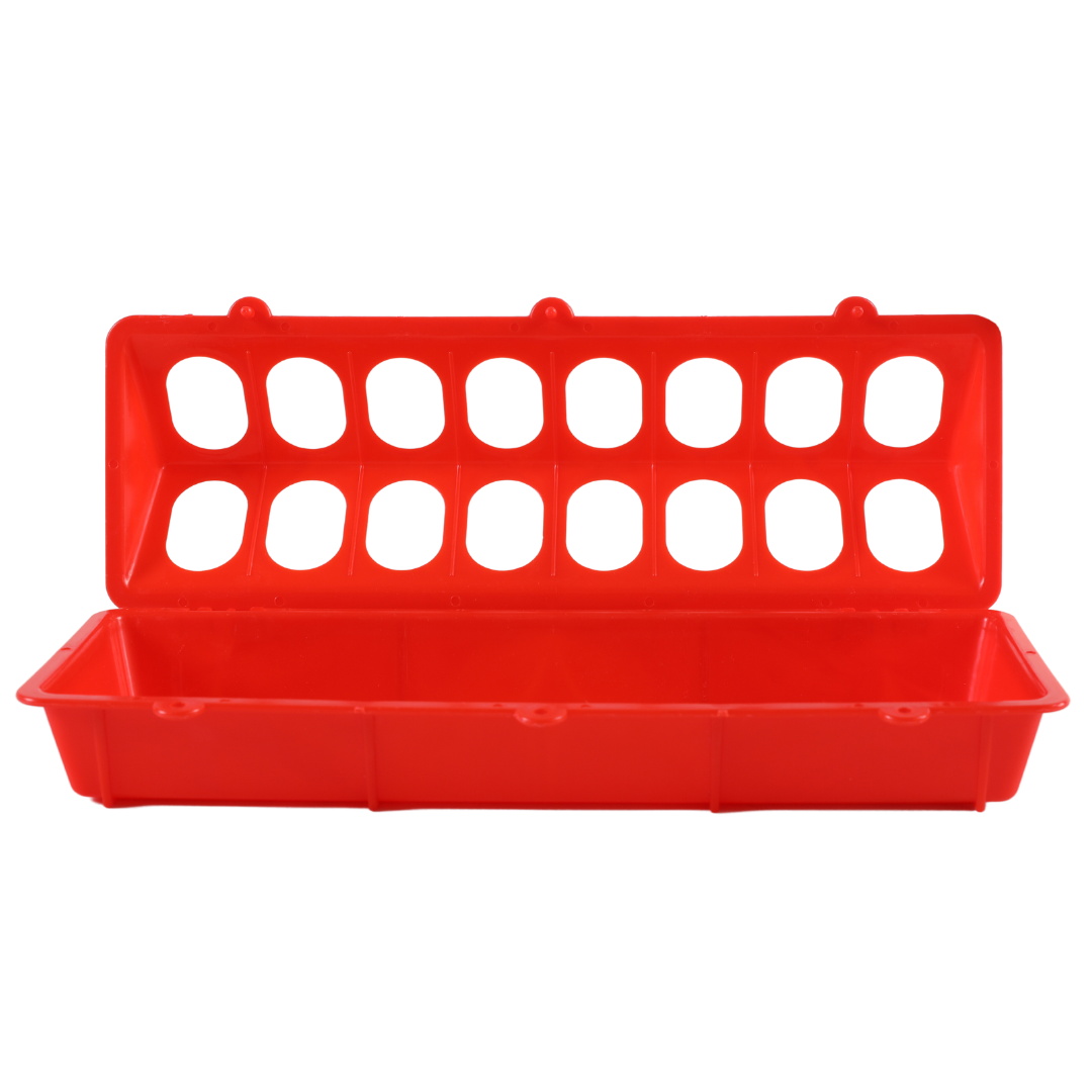 Farmight 12-inch flip top chicken feeder from My Pet Chicken, featuring a sturdy design for easy refilling and clean feeding.