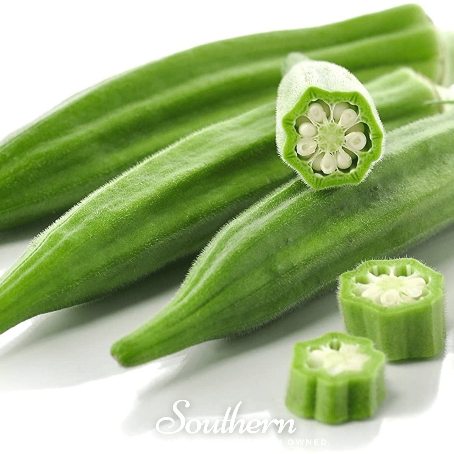 Clemson Spineless okra seeds from Southern Seeds, showing 50 seeds of abelmoschus esculentus in a clear container.