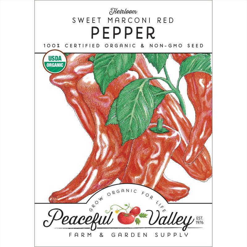 Organic Marconi Red sweet pepper seeds from Grow Organic, small packet showing vibrant red pepper seeds and packaging.