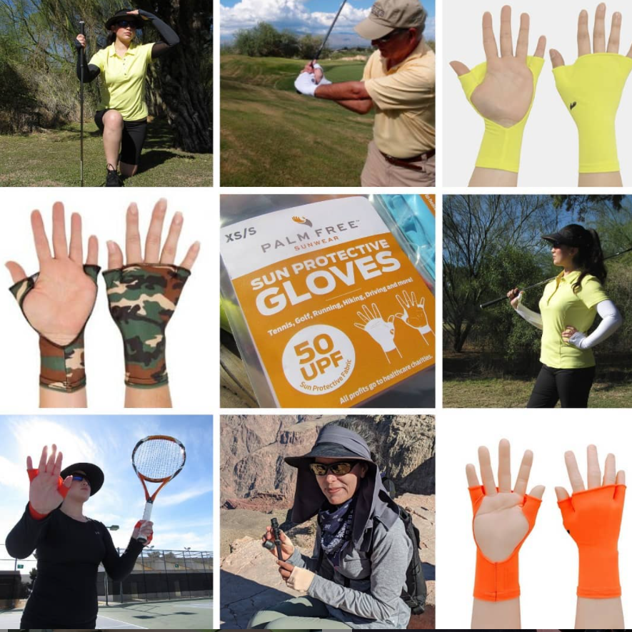 White PalmFree™ Sun Gloves with UPF 50+ from SunWear, showing the left and right gloves with a textured palm design.