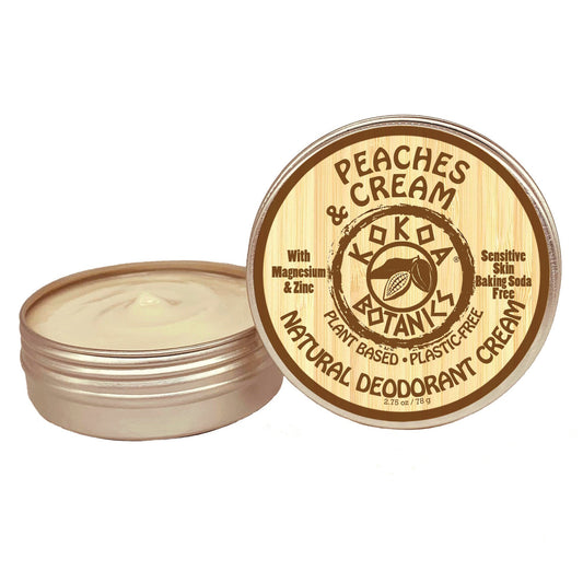 KOKOA BOTANICS Peaches and Cream natural deodorant cream in a jar, baking soda free, 2.5 oz, with peach and cream scent.