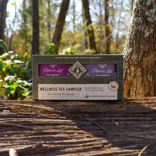Box of 16 wellness tea bags from Piper and Leaf Tea Co., featuring assorted herbal and herbal blends for relaxation.