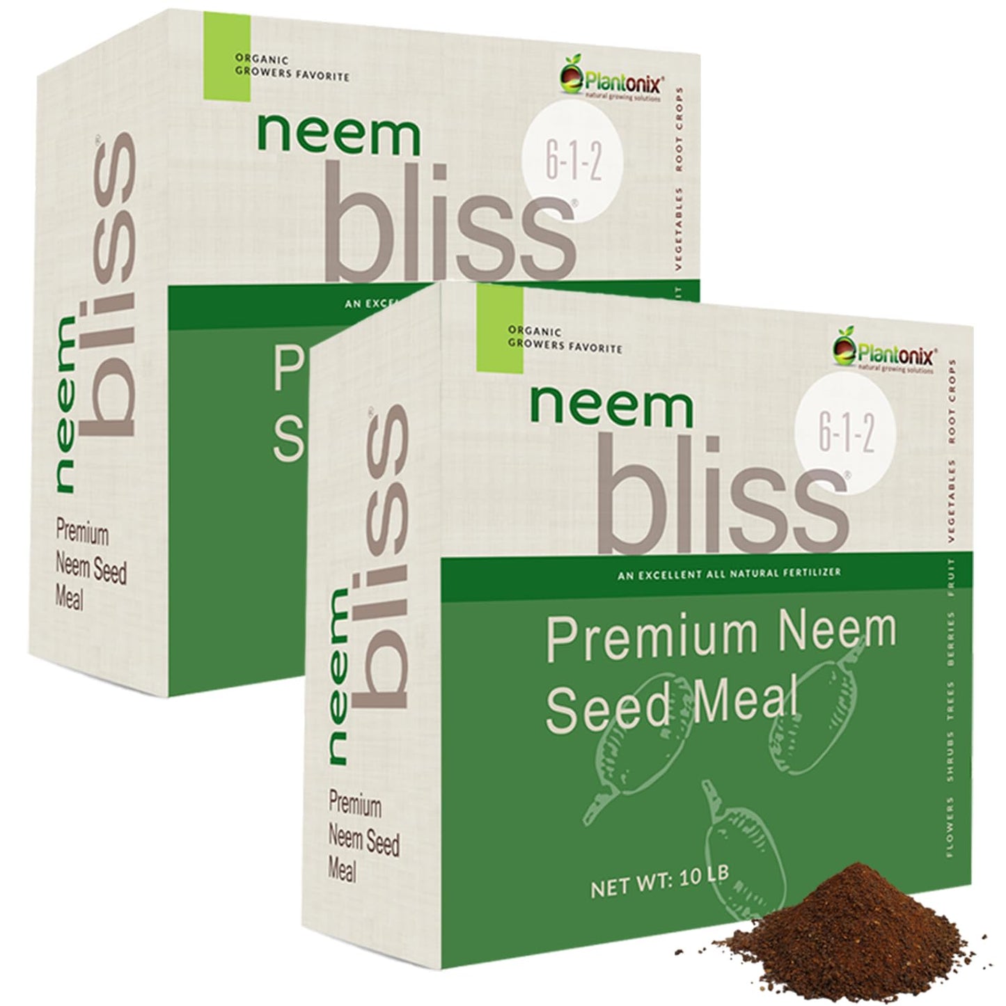 Plantonix Neem Bliss Meal, 1 lb neem seed cake fertilizer for organic plant nourishment and soil enrichment.